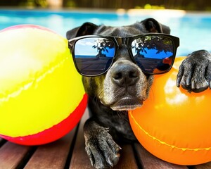 A cool dog wearing sunglasses relaxes by a pool, surrounded by colorful balls, epitomizing a carefree summer vibe.