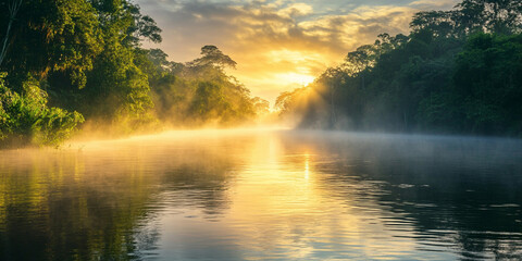 Beautiful sunrise over the Amazon Rainforest with mist rising from calm waters