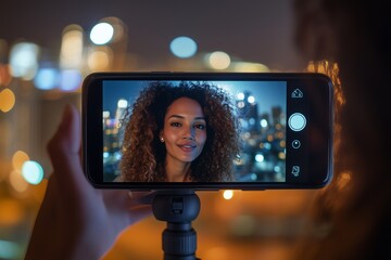 Close-up of a smartphone screen on a tripod, displaying a woman with curly hair taking a selfie at night with city lights bokeh in the background. The phone screen is crisp and detailed.