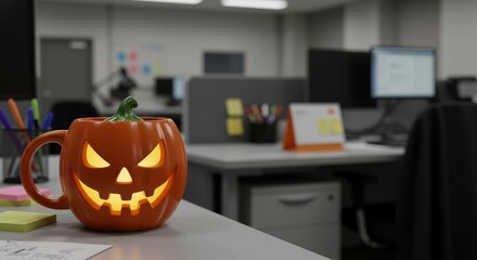 Halloween Jack O'Lantern Coffee Mug on Office Desk - Festive Halloween office scene. Jack-o'-lantern mug, autumn, workplace celebration, spooky season, office supplies