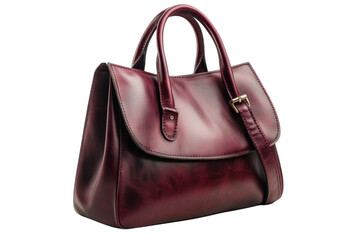 Naklejka premium Burgundy leather handbag with top handles and flap closure isolated on Transparent Background