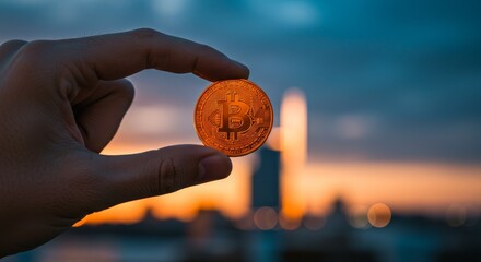 Hand Holding Bitcoin at Sunset - A hand holds a shiny Bitcoin, symbolizing currency, finance, technology, investment, and future