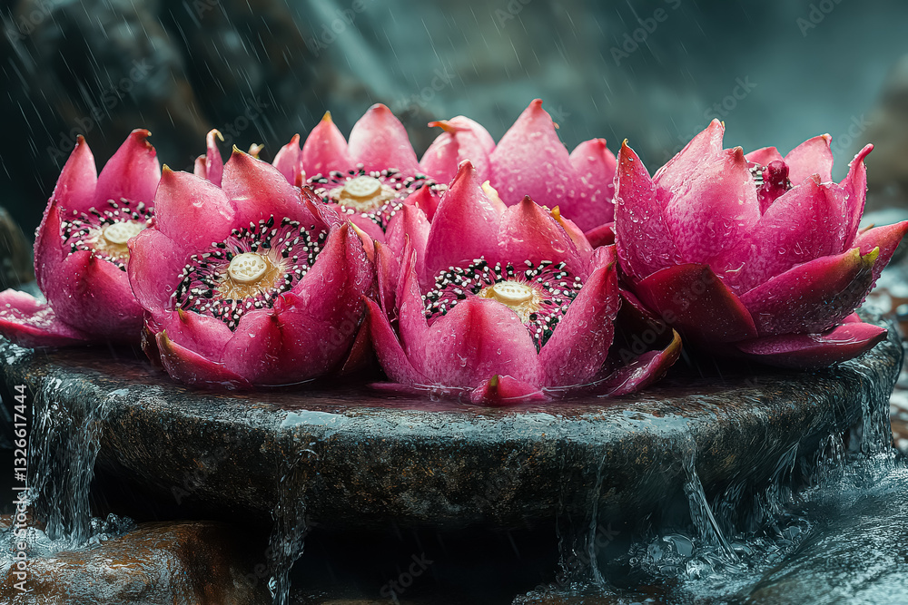 Poster group of pink flowers are sitting on a stone slab with water dripping from them. the flowers are arr