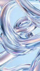Abstract swirling curves of translucent, iridescent glass tubes against a soft pastel blue background