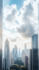 Obraz premium Dramatic futuristic skyline with towering skyscrapers and clouds. view captures vibrant cityscape, showcasing modern architecture and bright sky