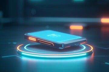 Concept smartphone featuring a levitating magnetic design with no physical connections, powered by advanced wireless energy transfer. The device floats above a futuristic charging pad, glowing with s
