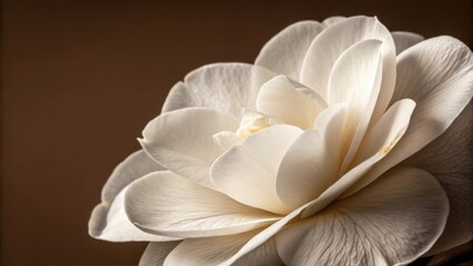 Obraz premium Micro petals background A close-up of a delicate white flower against a soft brown background. Abstract micro flower.