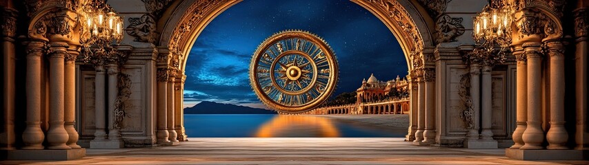 Fototapeta premium Surreal Architectural Scene Featuring Grand Clock Overlooking Calm Sea Under Night Sky Beneath Ornate Archways with Elegant Lighting