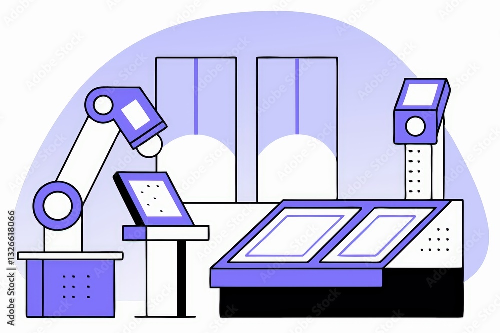 Poster a modern workspace featuring robotic arms and high-tech screens in a blue and white color scheme, em
