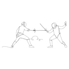 Two paralympic athletes with artificial limb competing in fencing. Continuous line vector illustration, white background.