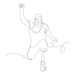Paralympic athlete with artificial limb running, front view. Continuous line vector illustration, white background. athlete. 