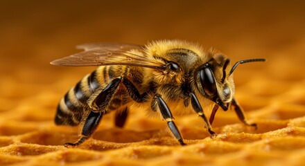 Honeybee on Honeycomb - Close-up of a honeybee on a honeycomb, showcasing intricate details of the bee and honeycomb structure