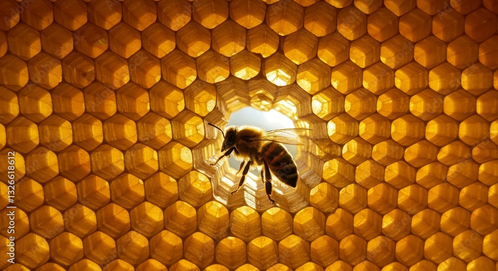 Poster honeycomb close up bee structure - bee in honeycomb, hexagonal pattern, nature's architecture, golde