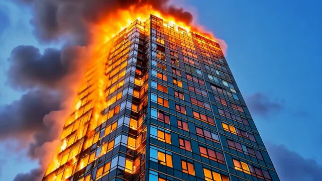 High-rise building engulfed in flames during evening hours, firefighters responding to urgent emergency