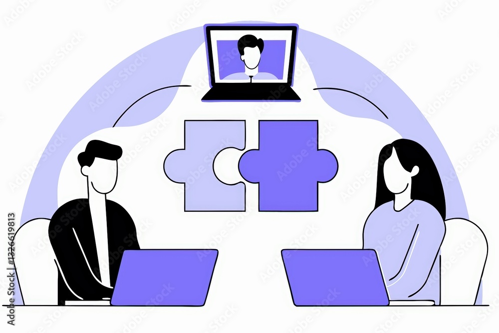 Aufkleber two people collaborate online via laptops, with a video call and puzzle pieces symbolizing teamwork 