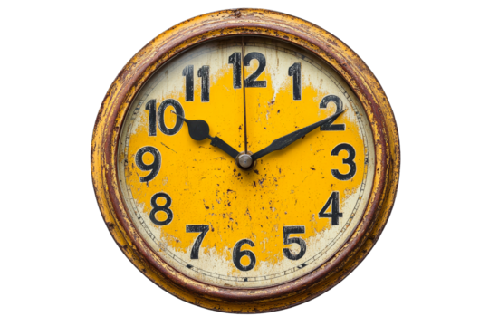 Vintage wall clock with yellow face and worn numbers