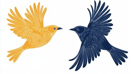 Two Birds in Flight Yellow and Blue Avian Illustration Nature Art Print