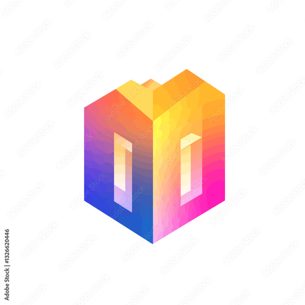 Poster isometric cube graphic with colorful gradient and geometric design