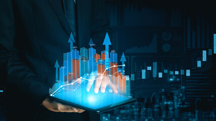 Double Exposure Image of Business and Finance - Businessman with report chart up forward to financial profit growth of stock market investment. uds