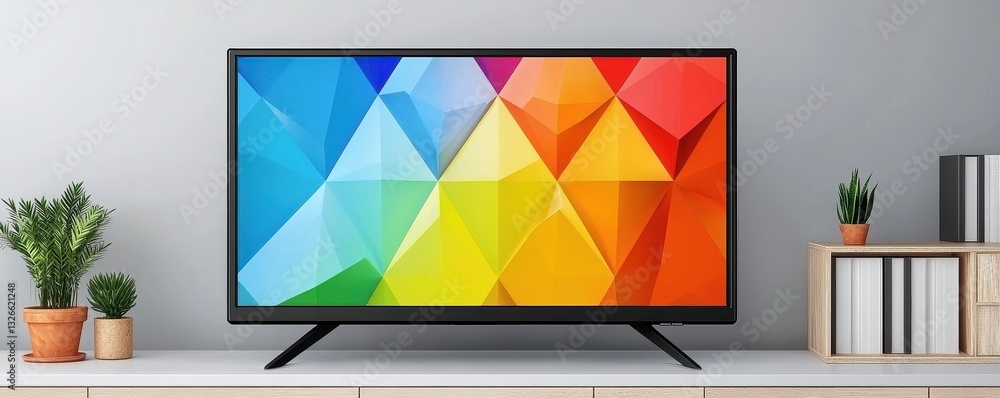 Poster modern smart led tv display with vibrant geometric pattern on screen