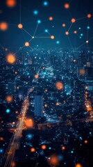 Fototapeta premium Night cityscape with glowing data points and interconnected elements showcasing urban technology