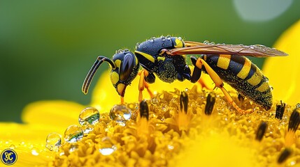 Naklejka premium Close-up of Black and Yellow Striped Wasp Resting on Dewy Petals of a Sunflower in Lush Green Background