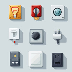 Cartoon Electric Outlets and Plugs Illustration on a Gray Background.