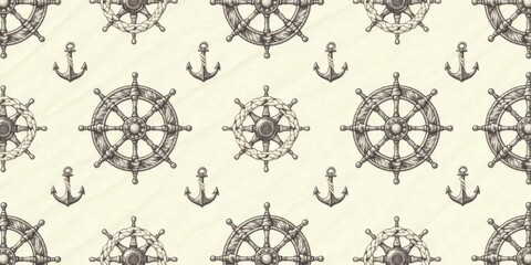 Nautical Theme Seamless Pattern Featuring Ship Wheels and Anchors on a Textured Background