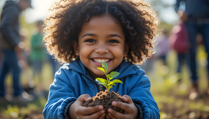 "A cheerful young child with curly afro hair holding a small sapling with its roots exposed, ready for planting. The child is wearing a blue jacket and smiling brightly. The background is slightly blu