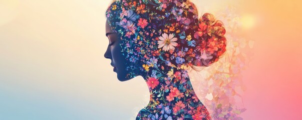 A silhouetted woman filled with colorful floral designs and details