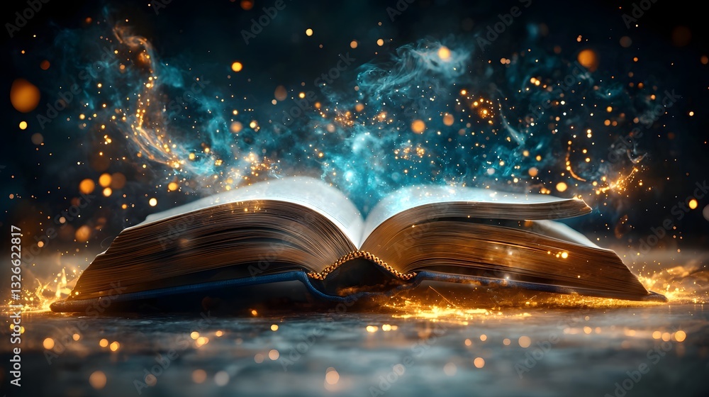 Poster unlocking the secrets of dark matter a cosmic odyssey revealed in the pages of an open book floating
