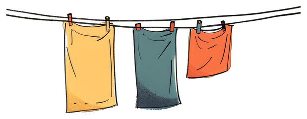 Colorful towels hang drying on a clothesline outside today