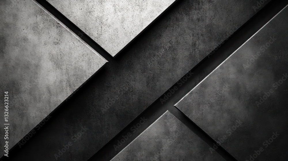 Poster abstract grayscale geometric pattern of overlapping textured metal plates.