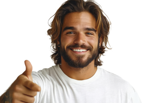 Smiling man giving thumbs up on transparent background