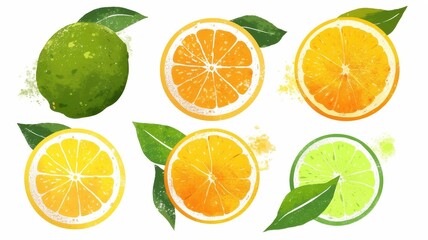 Fototapeta premium Vibrant Citrus Fruits Limes Lemons Oranges Watercolor Style Illustration