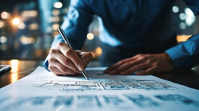 Architectural drafts of a newly imagined city spread across a desk, where a professional sketches the final details of road networks and real estate zones. A futuristic take on mun