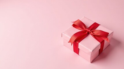 Fototapeta premium A Delicate Pink Gift Box with a Vibrant Red Ribbon, a Symbol of Thoughtful Presentation and Celebration