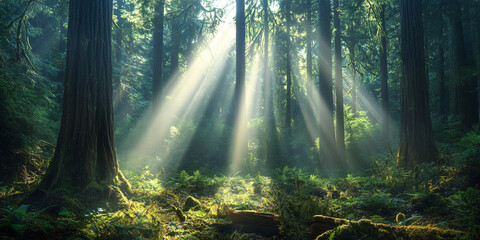 Fototapeta premium Beautiful forest with rays of sunlight piercing through the trees, creating a serene atmosphere