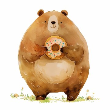 Adorable Brown Bear Holding a Sprinkled Donut Watercolor Illustration