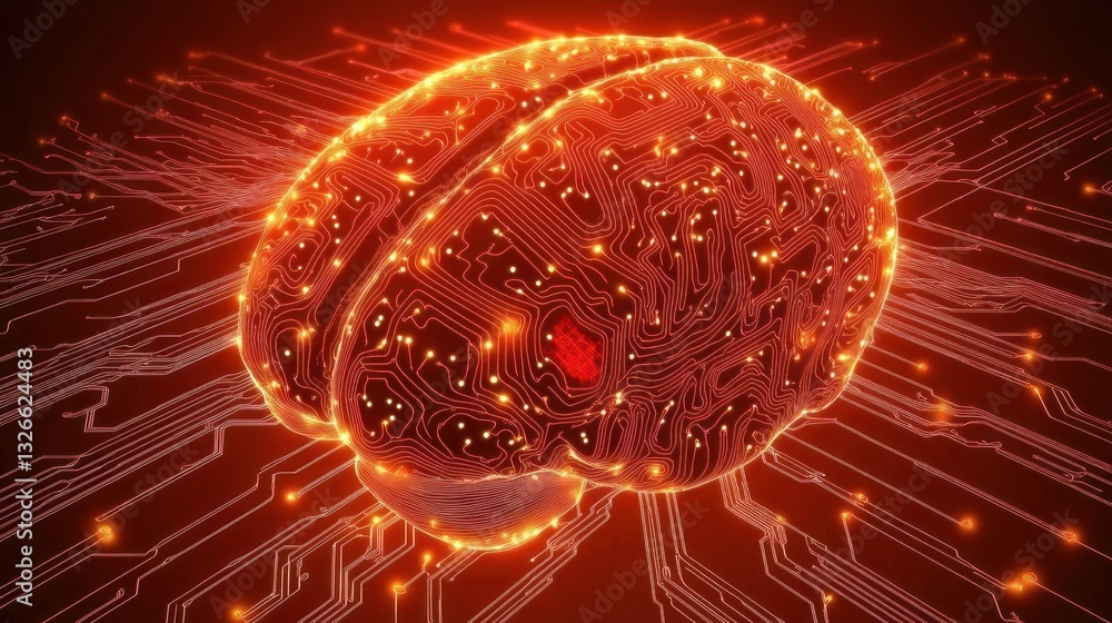 Poster a futuristic depiction of a glowing brain intertwined with circuitry, symbolizing the merger of tech