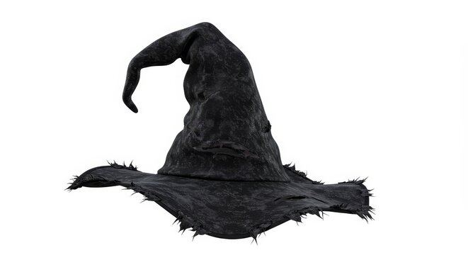 Lopsided Witch Hat Halloween Costume Accessory - A whimsical, frayed black witch hat; perfect for Halloween costumes, quirky fashion, or gothic-themed projects. Symbolizing magic, mischief, Halloween