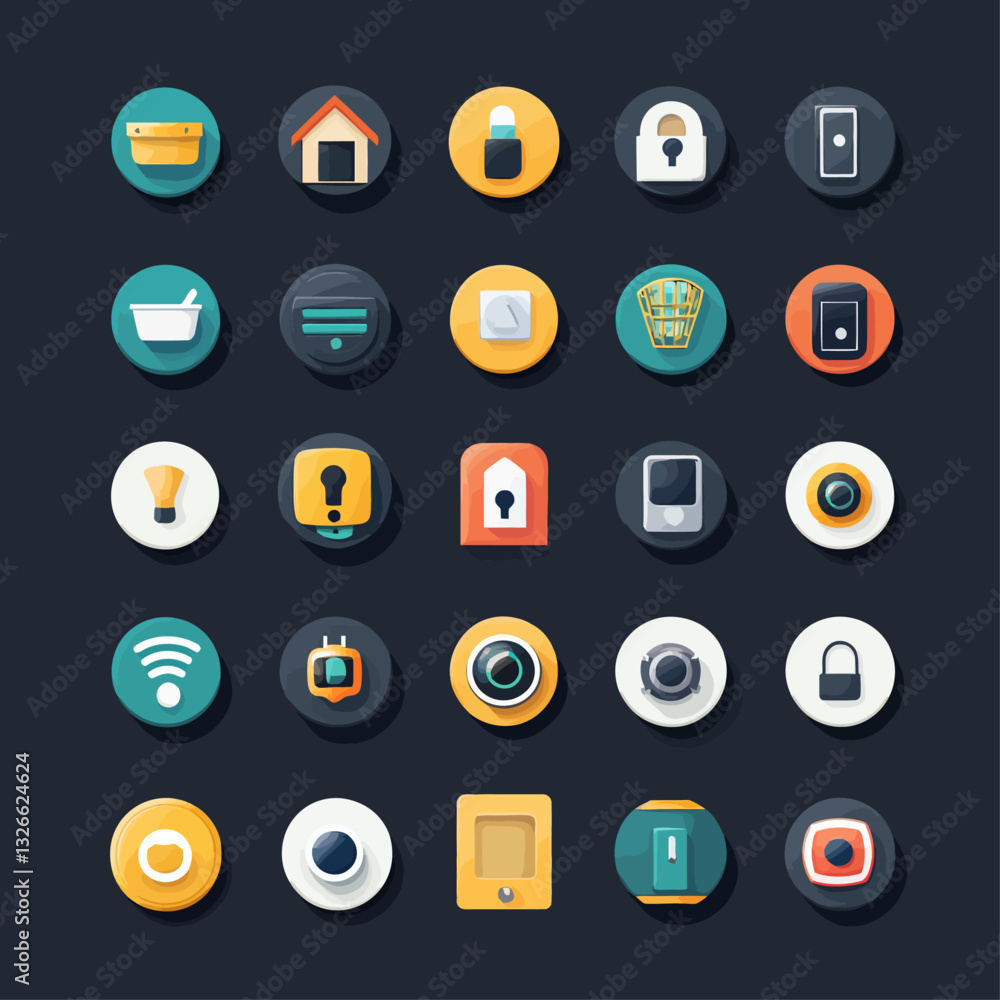 Poster colorful set of digital ui icons on dark background for apps design