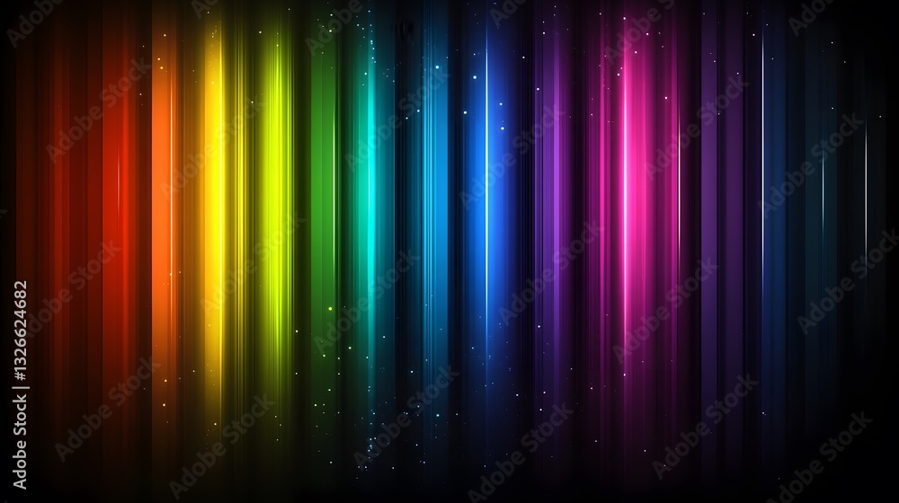 Poster colorful light beams shining through dark background with sparkles