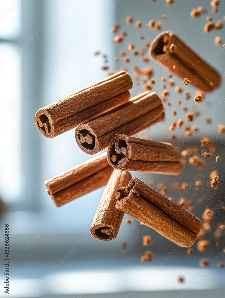 Poster close up of cinnamon sticks in the air. the sticks are in different positions and sizes, and they ar