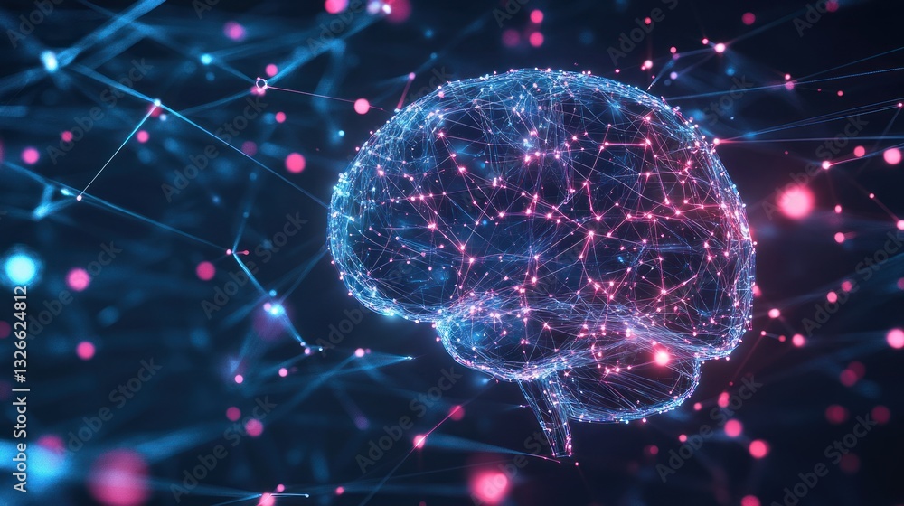 Poster a futuristic digital brain representation showcasing neural connections and data flow in vibrant col
