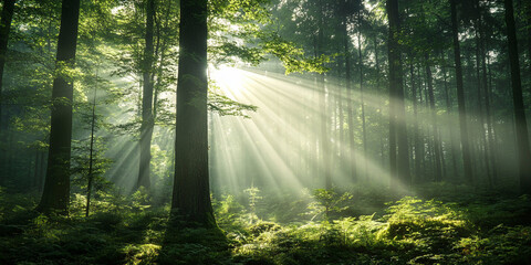 Dense forest with rays of sunlight piercing through the trees, creating a peaceful atmosphere
