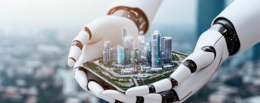 AI-controlled robotic hands holding a digital model of a smart city