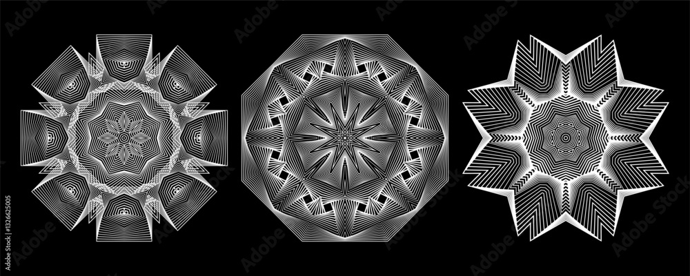 Poster geometric octagonal patterns with optical illusion effects. white line art with ethnic elements. per