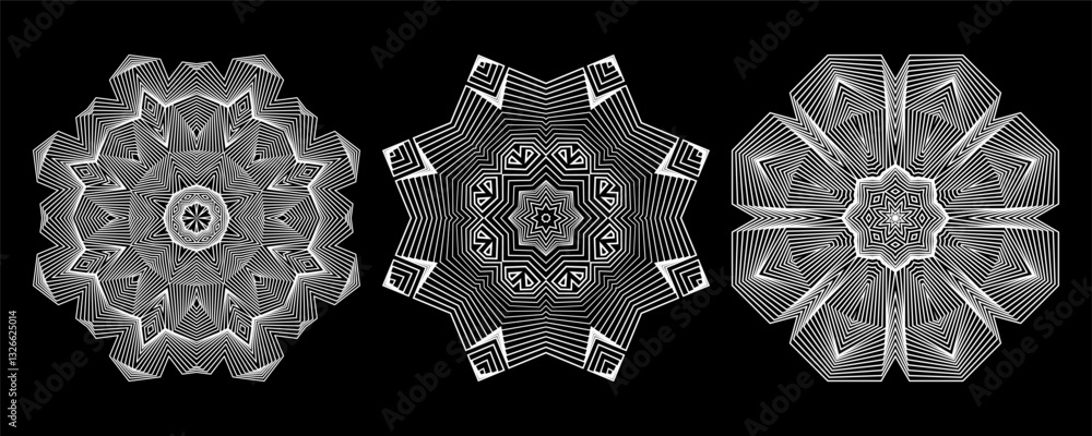 Poster intricate white line patterns with ethnic and futuristic aesthetics. octagonal symmetry creates opti