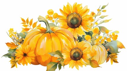 Autumn Watercolor Painting Pumpkins Sunflowers and Fall Foliage